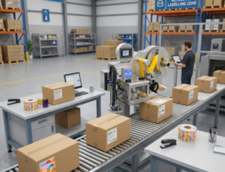 Sistema Print & Apply SAV integrato su una linea industriale per la stampa e l’applicazione di etichette con dati variabili